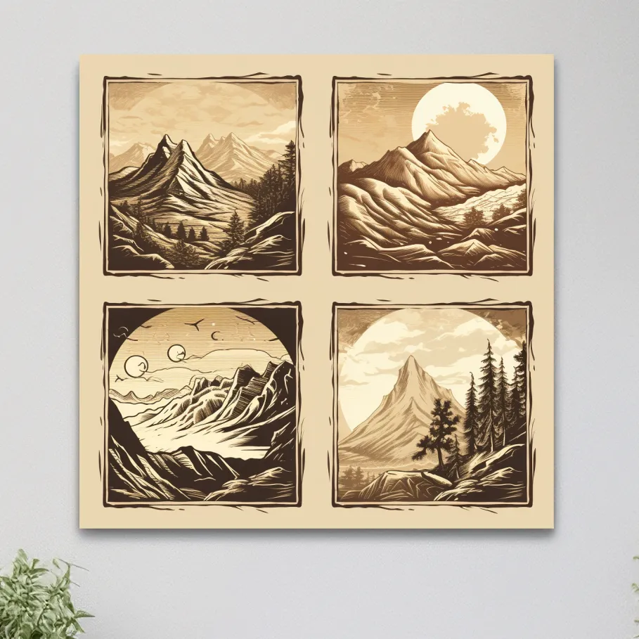 4x4 grid alpine mountain artwork, vector style illustrations, sepia tone