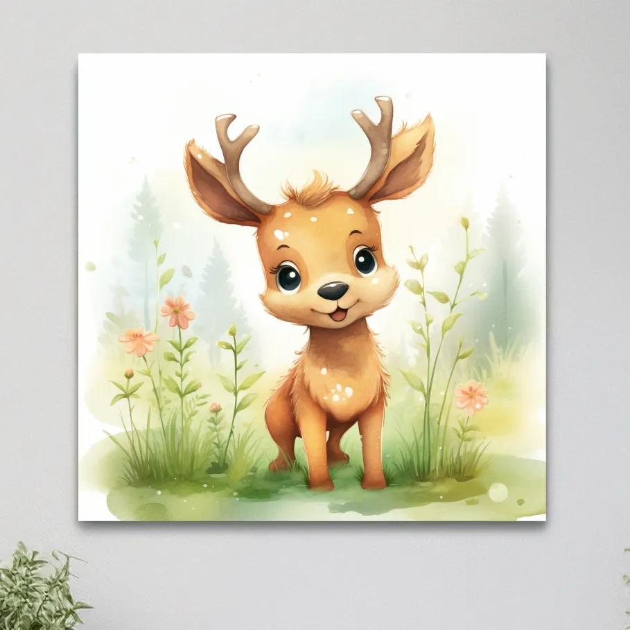Water color nursery art painting, a cute baby deer sitting in the forest