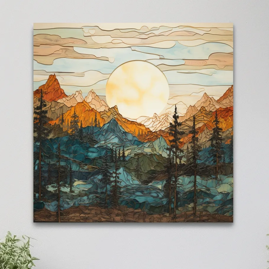 Stained Glass Mountain Sunset Landscape - Colorful Mosaic Forest Wall Art