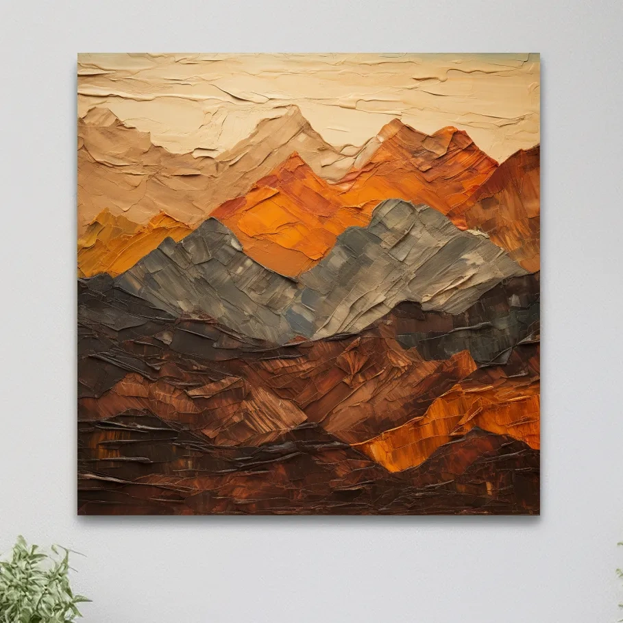Textured impasto painting of earthy coloured mountains