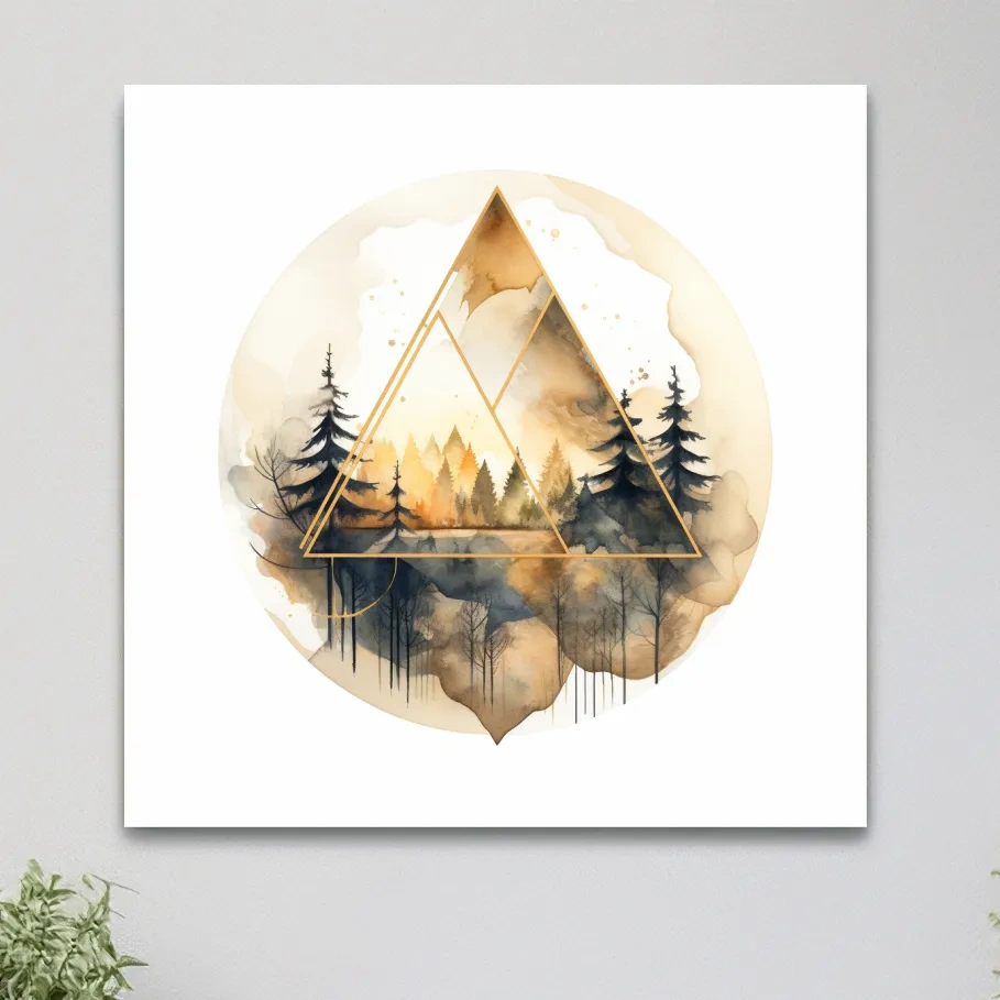 Rustic geometric forest watercolour painting, minimal and elegant