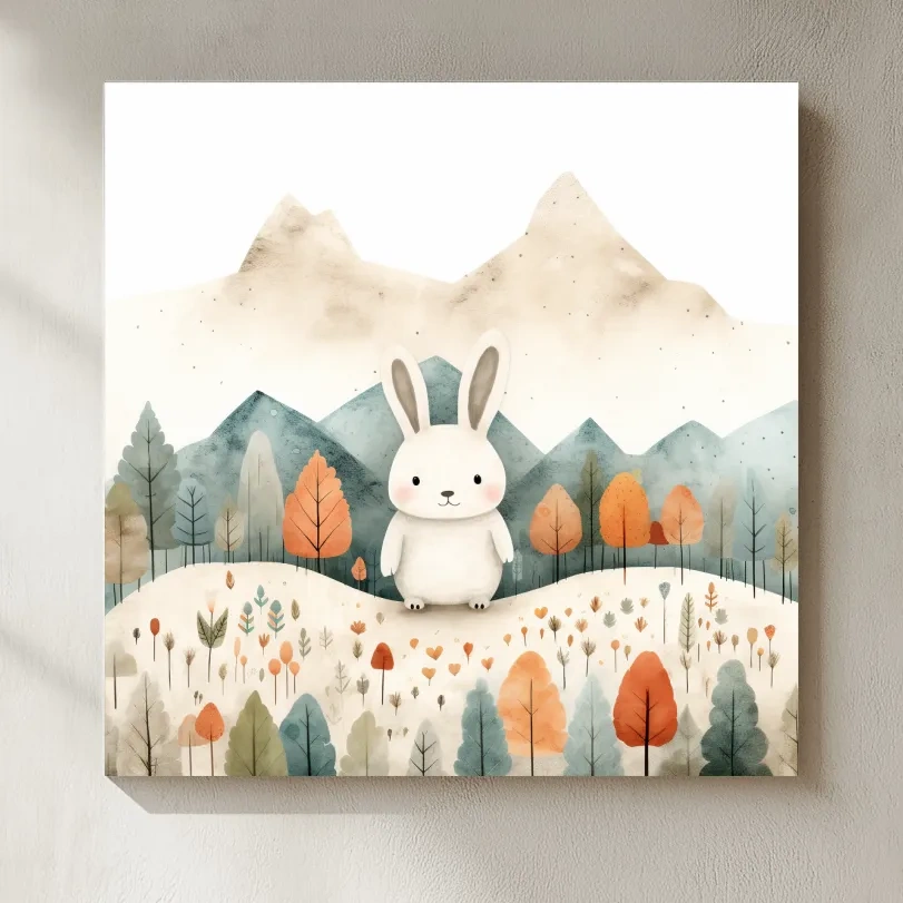 Cute Watercolor Bunny In Mountain Forest - Whimsical Nursery Woodland Wall Art