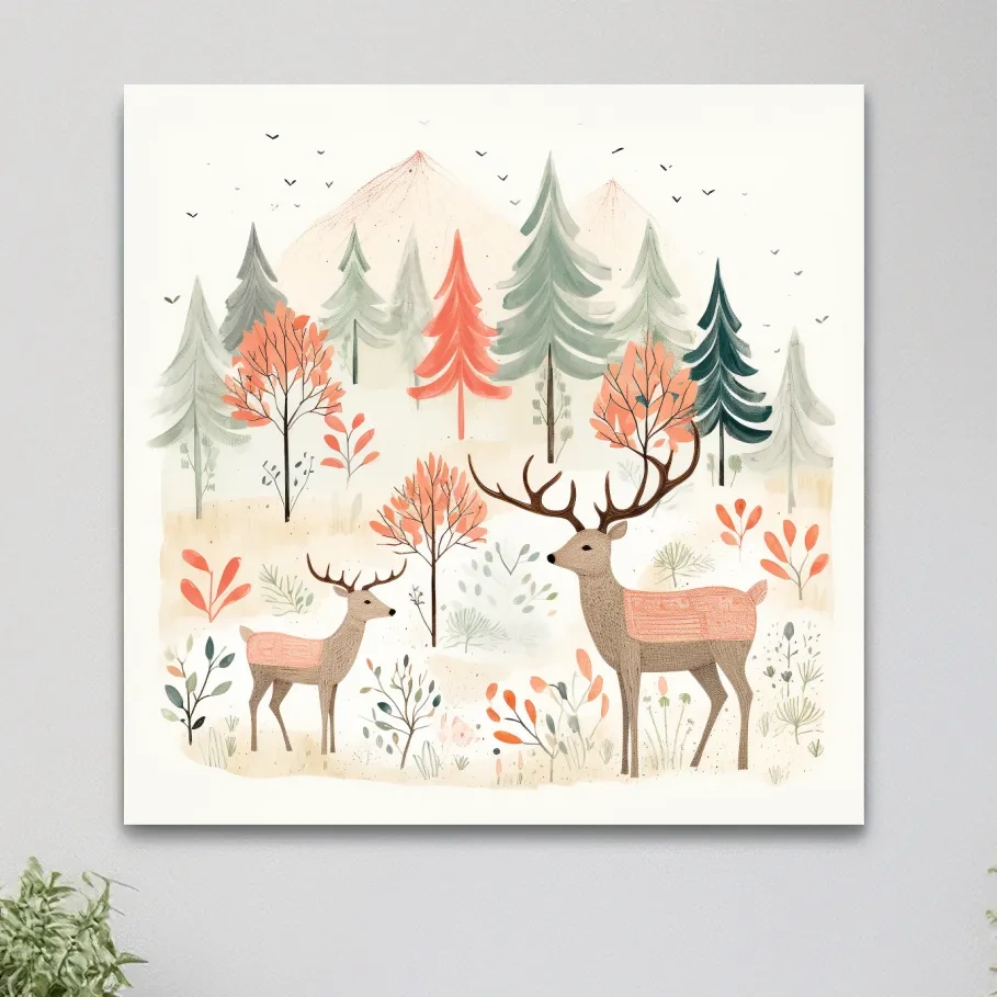Storybook nursery art illustration, deer family in the forest