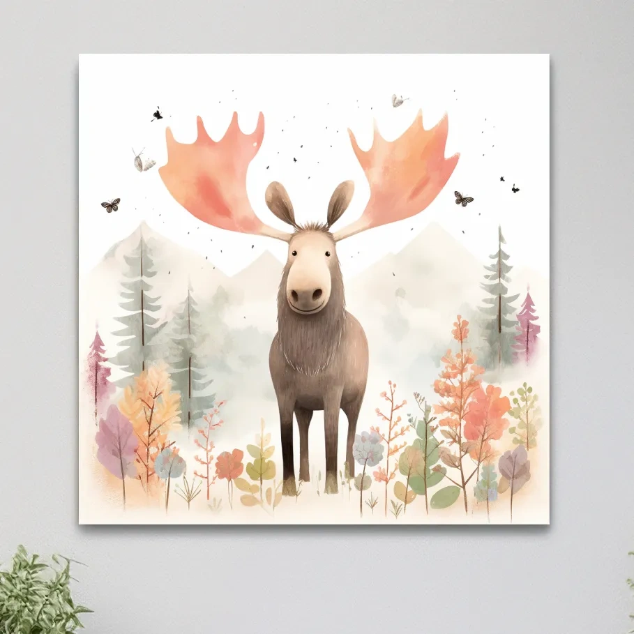 Nursery storybook artwork illustration, a happy moose in the mountains