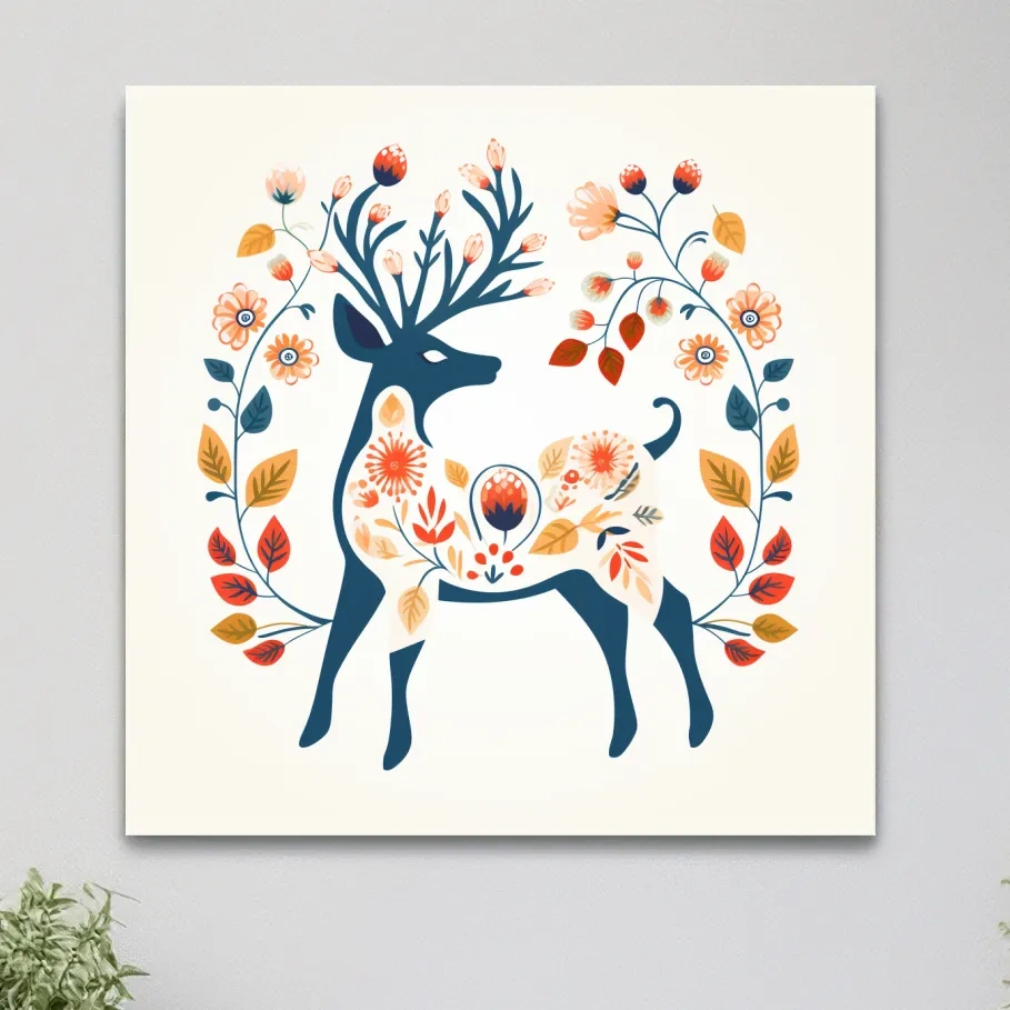 Folk Art Floral Deer Silhouette - Scandinavian Woodland Wall Art