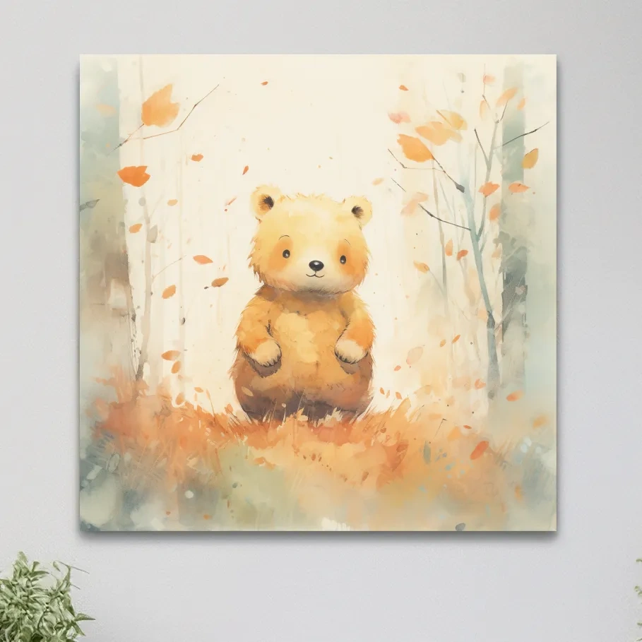 Cute Watercolor Bear Cub In Autumn Forest - Whimsical Nursery Animal Wall Art