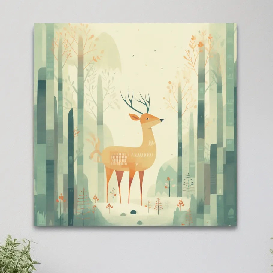Deer in a forest, quirky nursery artwork illustration