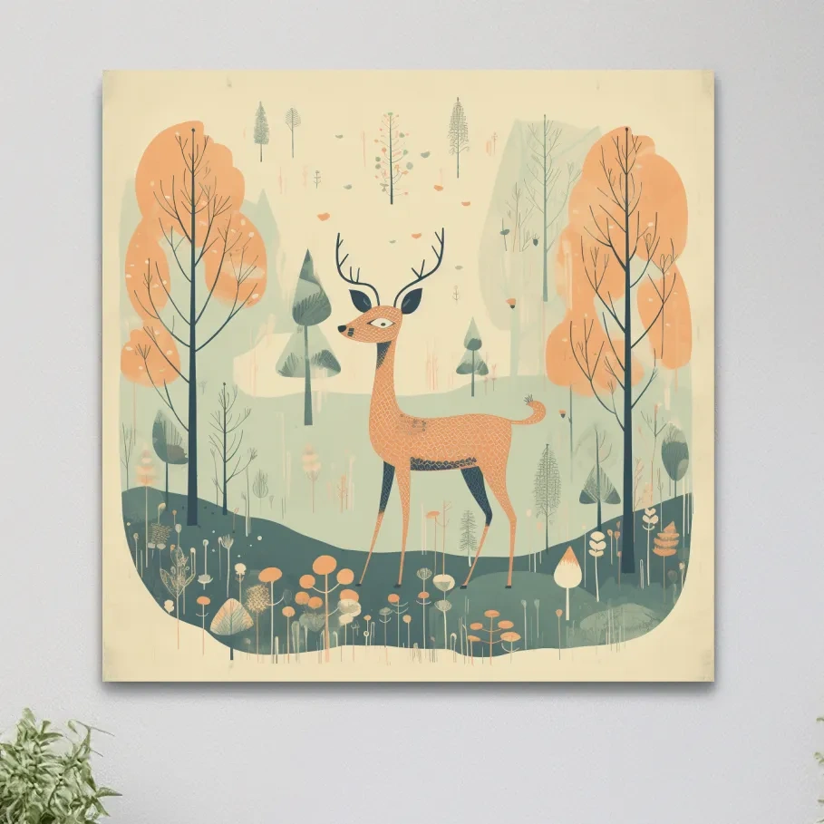 Deer artwork illustration for a nursery, folk art style