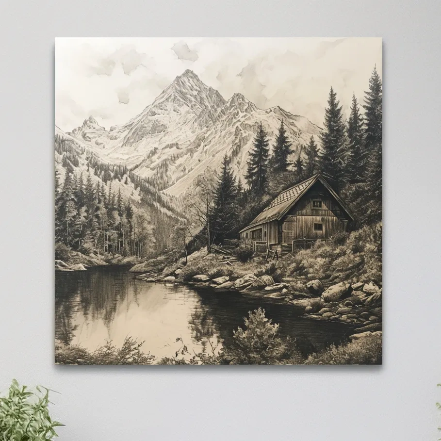 Lead pencil drawing artwork of a cabin on an alpine lake