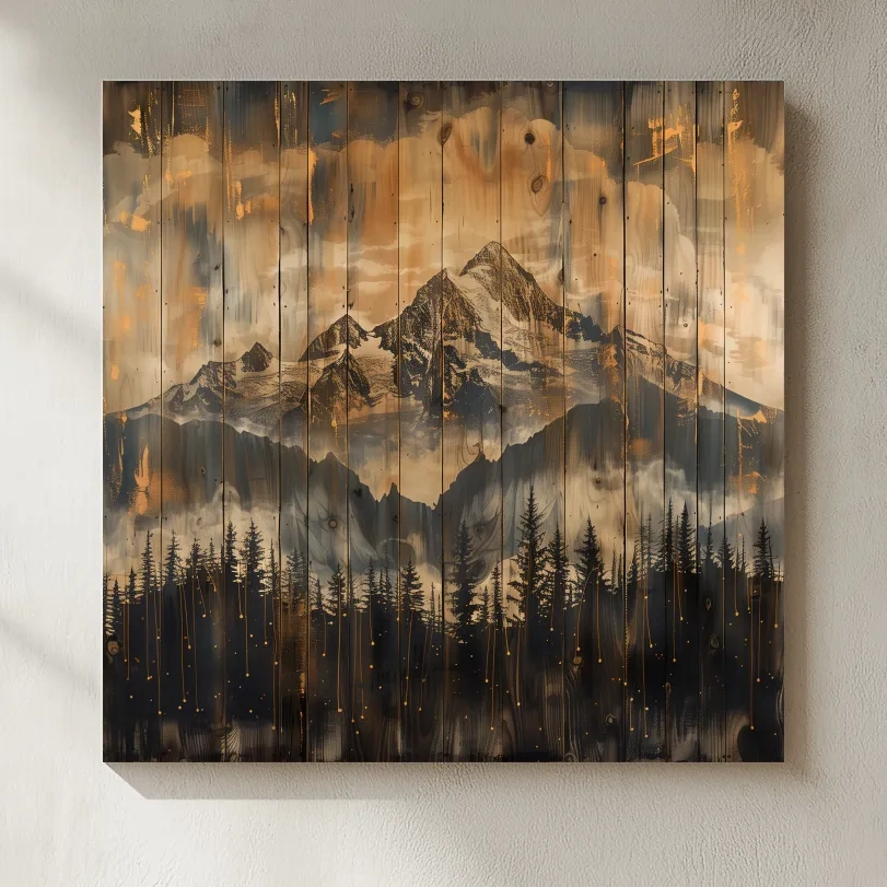 Rustic Mountain Range Over Pine Forest - Vintage Wood Panel Style Landscape Artwork