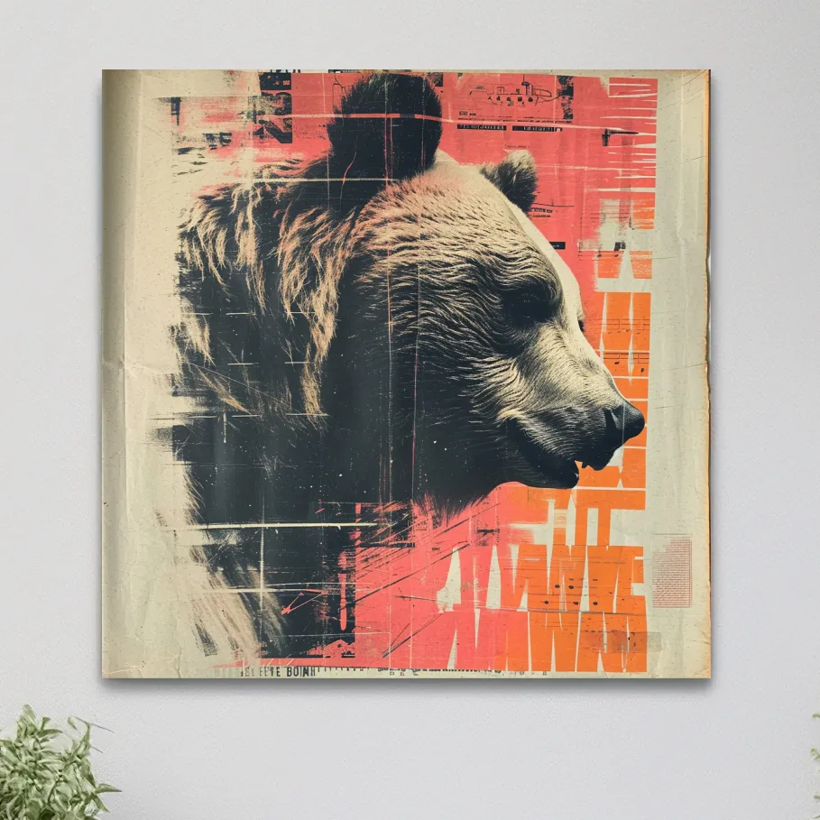 Grizzly bear artwork, magazine collage style art illustration