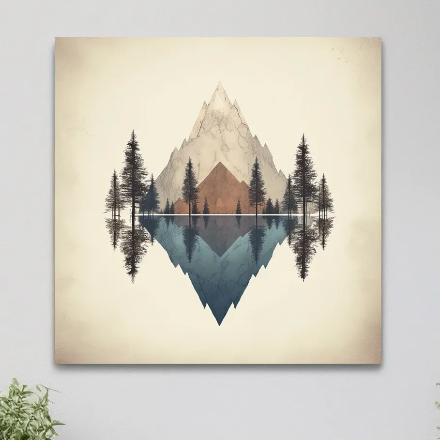 Minimalist Geometric Mountain Lake Reflection - Pine Forest Landscape Wall Art