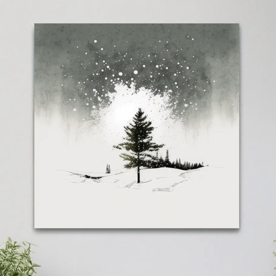 Minimal black and white art painting, lonely winter tree in the snow