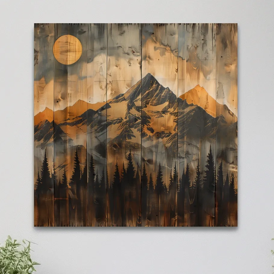 Mountain range alpine forest art, rustic wood burning effect, wood panel art