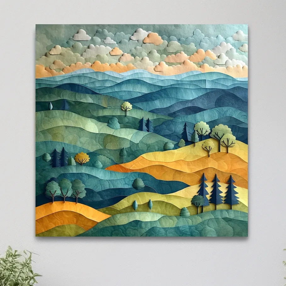 Happy hillside scene, 3d layered paper quilling cutout effect