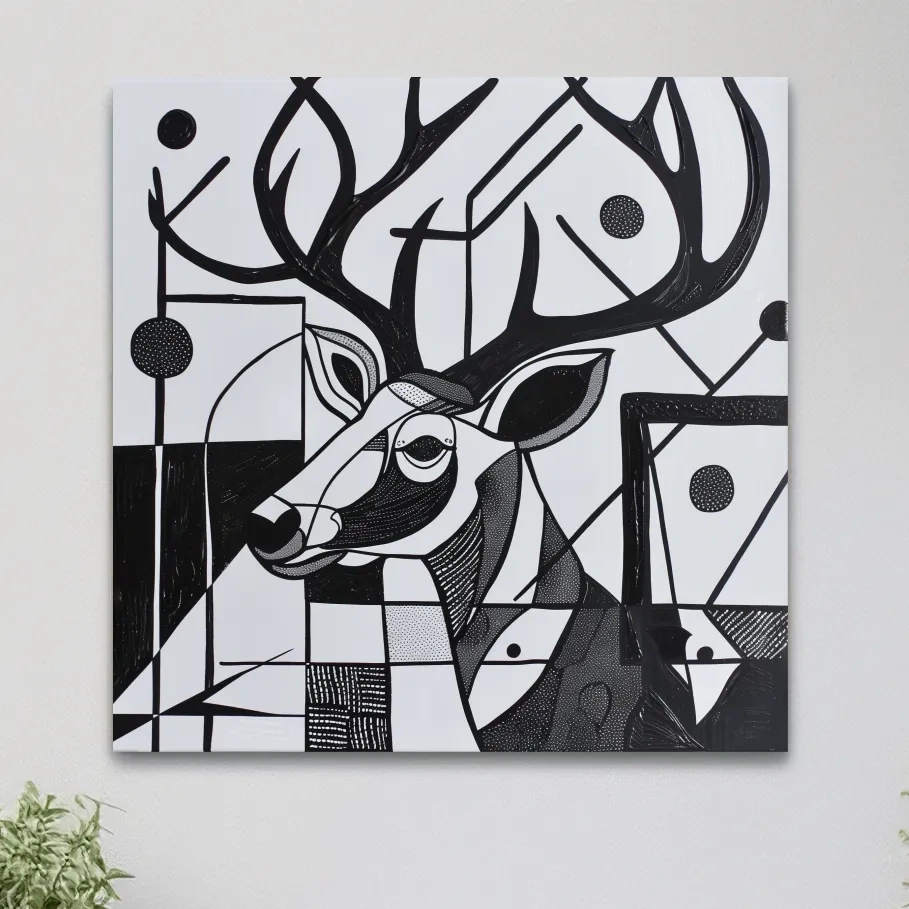 Abstract painting, black & white deer head and antlers artwork