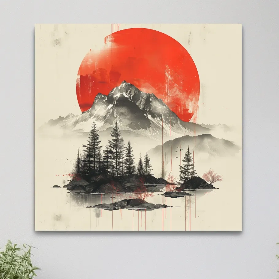 Japandi style minimalist artwork, sunset over a mountain glacier
