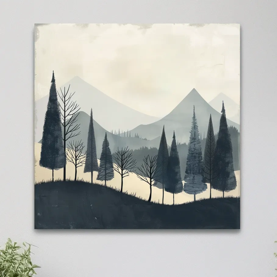 Minimalist Nordic Mountain Forest Landscape - Serene Scandinavian Nature Wall Art