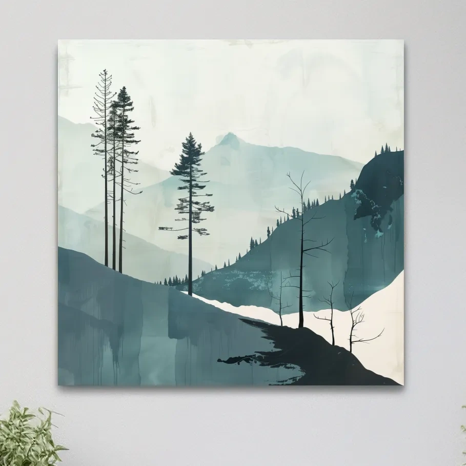 Abstract nordic style minimal forest painting, teal artwork