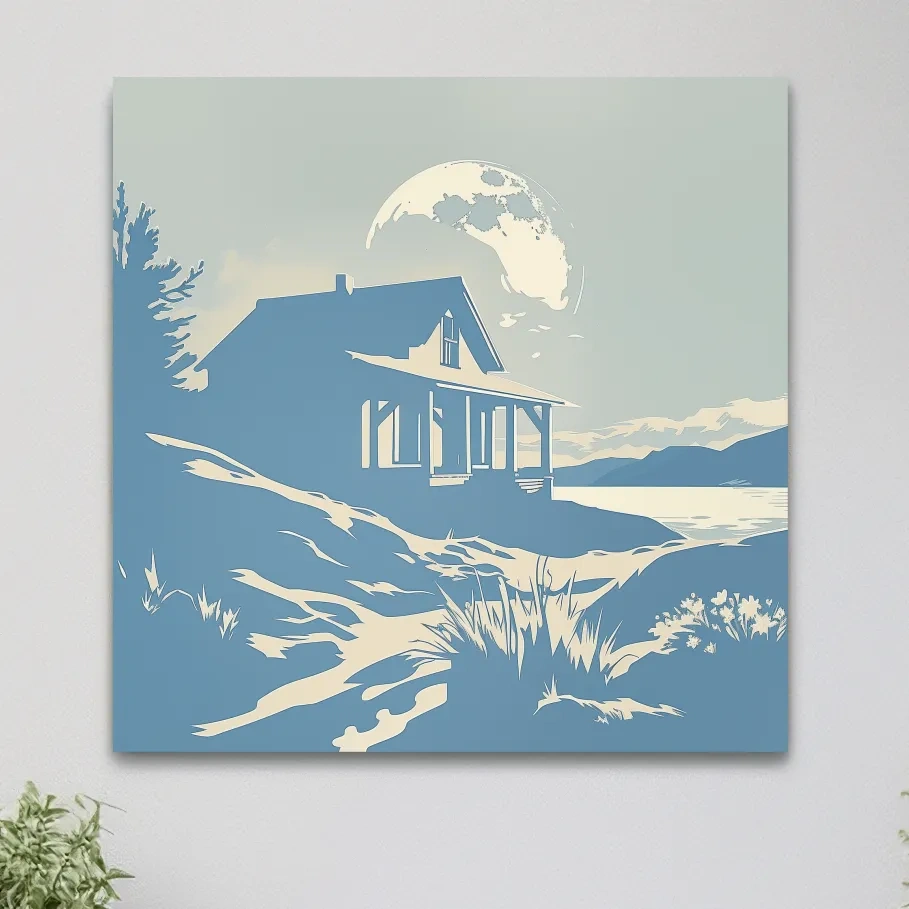 Lakeside cabin on a moonlit night, minimal vector wall artwork