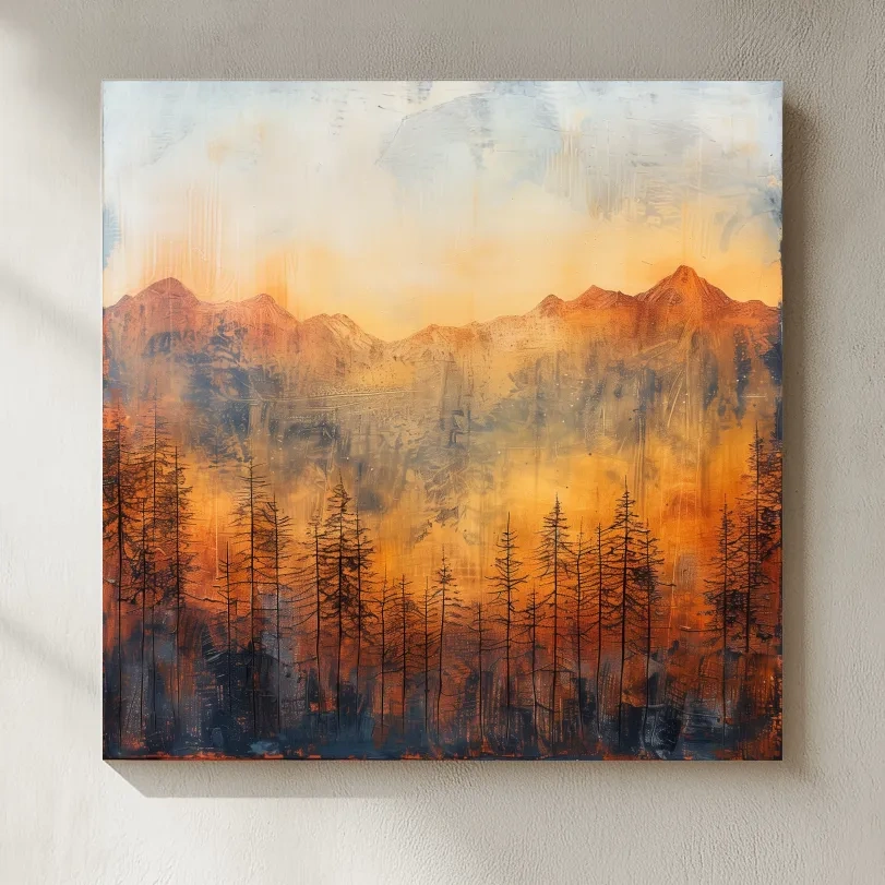 Moody Abstract Mountain Sunrise With Silhouetted Pine Forest - Textured Landscape Painting