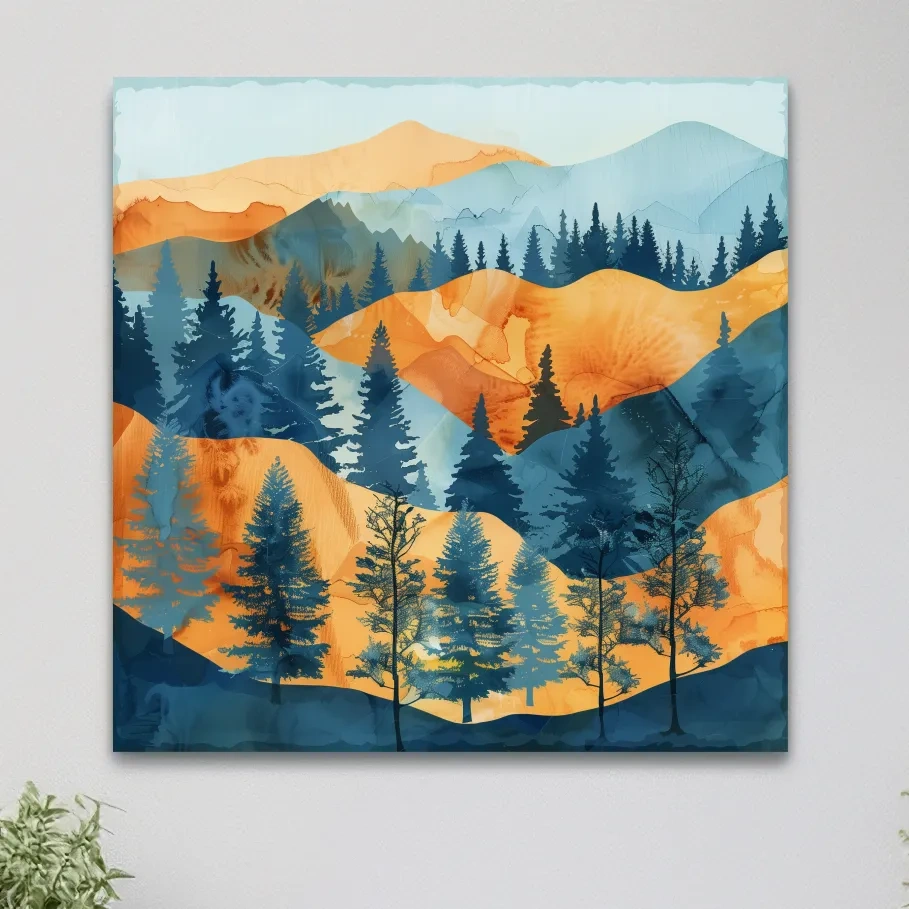 Watercolour painting forest wall art, pine trees, rolling hills and mountains