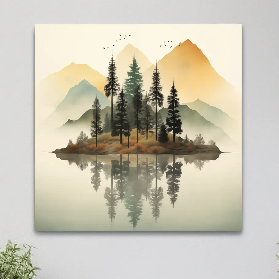 Minimal art, trees reflection in an alpine lake