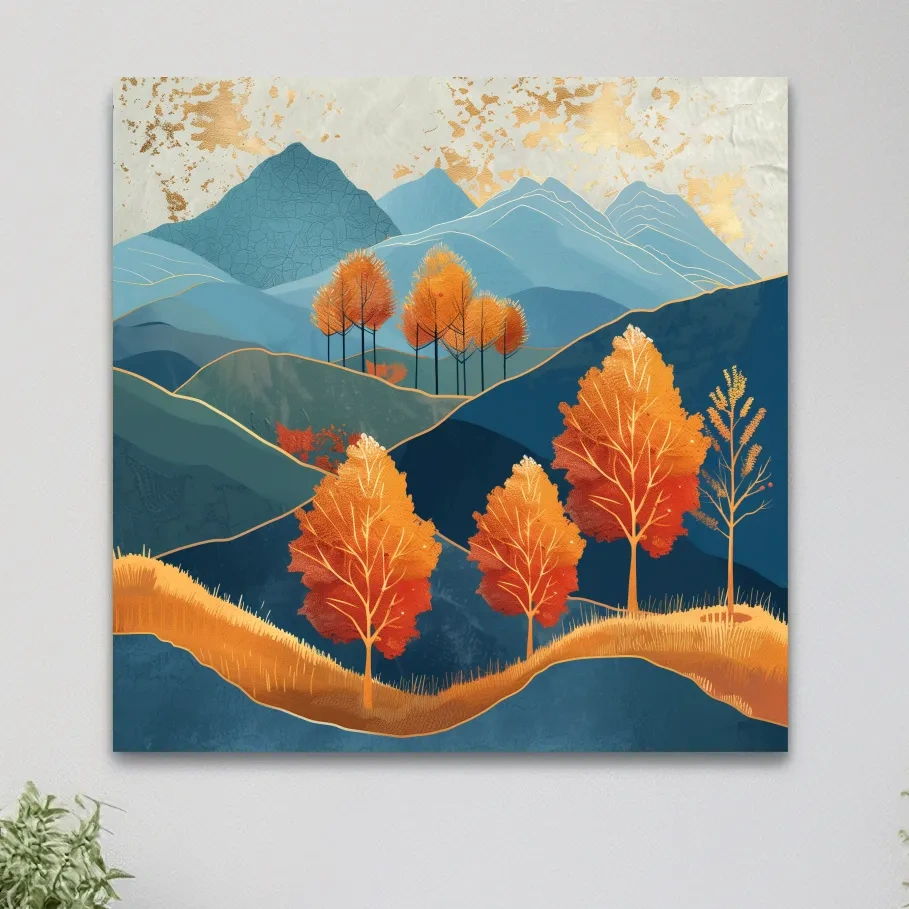Autumn Aspen Trees In Layered Blue Mountains - Modern Gold Leaf Style Wall Art