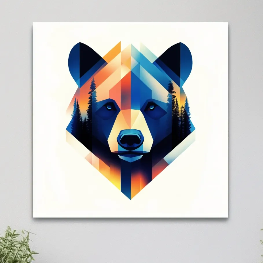 Colorful bear head illustration print, double exposure forest wall art