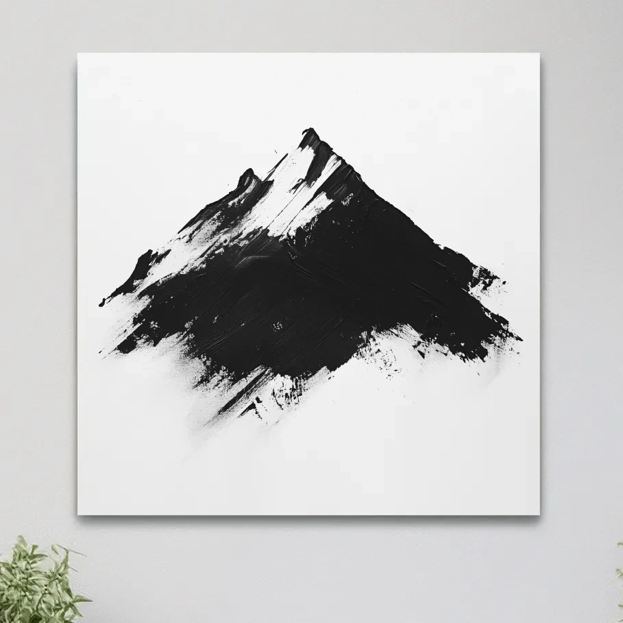 Modern abstract wall art, defined brush strokes black & white mountain painting