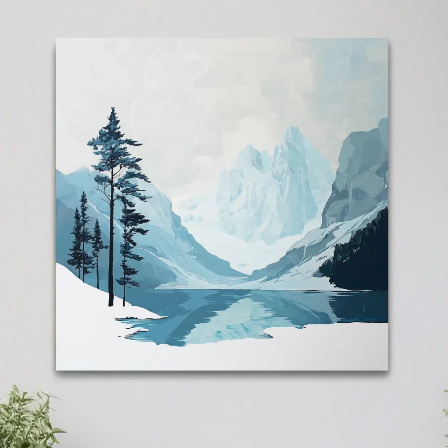 Minimalist Icy Mountain Lake - Scandinavian Winter Landscape Artwork