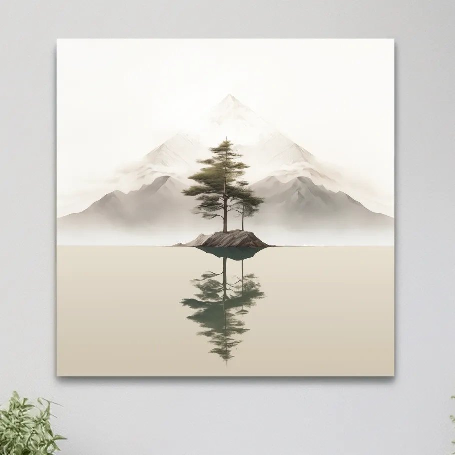 Mimimal mountain art, tree reflecting on a lake