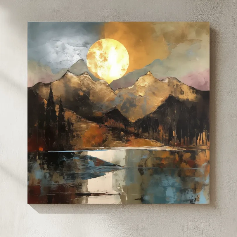 Alpine Mountain Lake Sunset Painting - Golf Leaf Style Wall Art