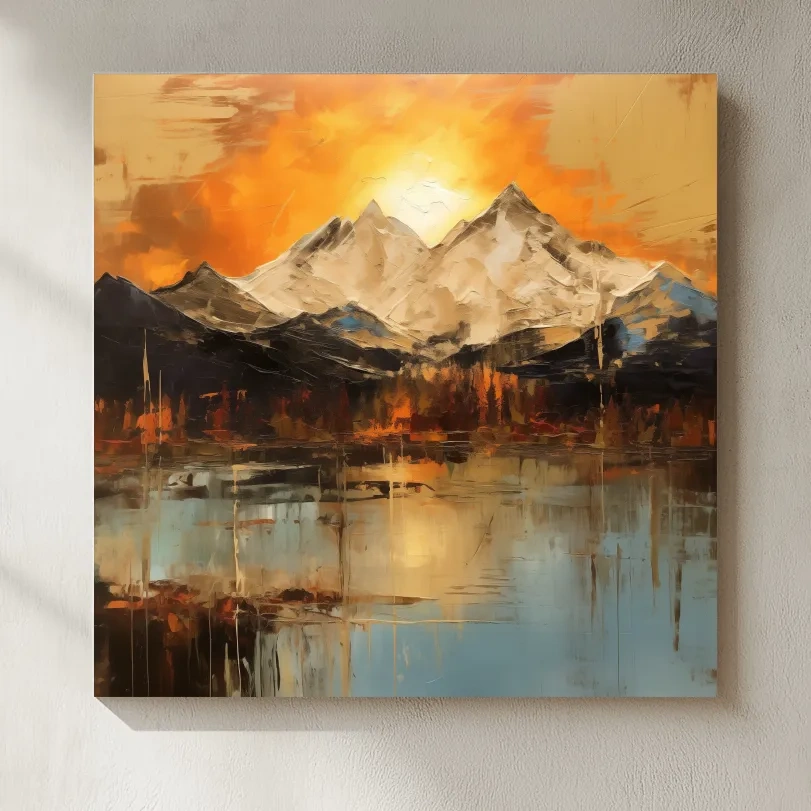 Abstract Mountain Lake Sunset - Textured Effect Alpine Wall Art