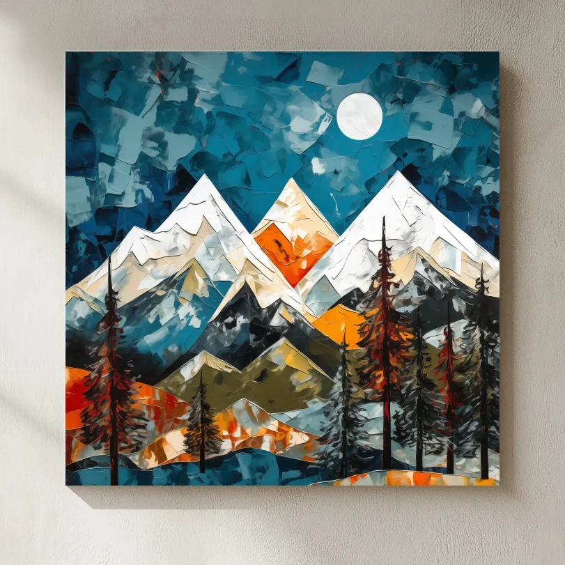 Abstract Impasto Style Mountain Nightscape - Moonlit Alpine Landscape Wall Art