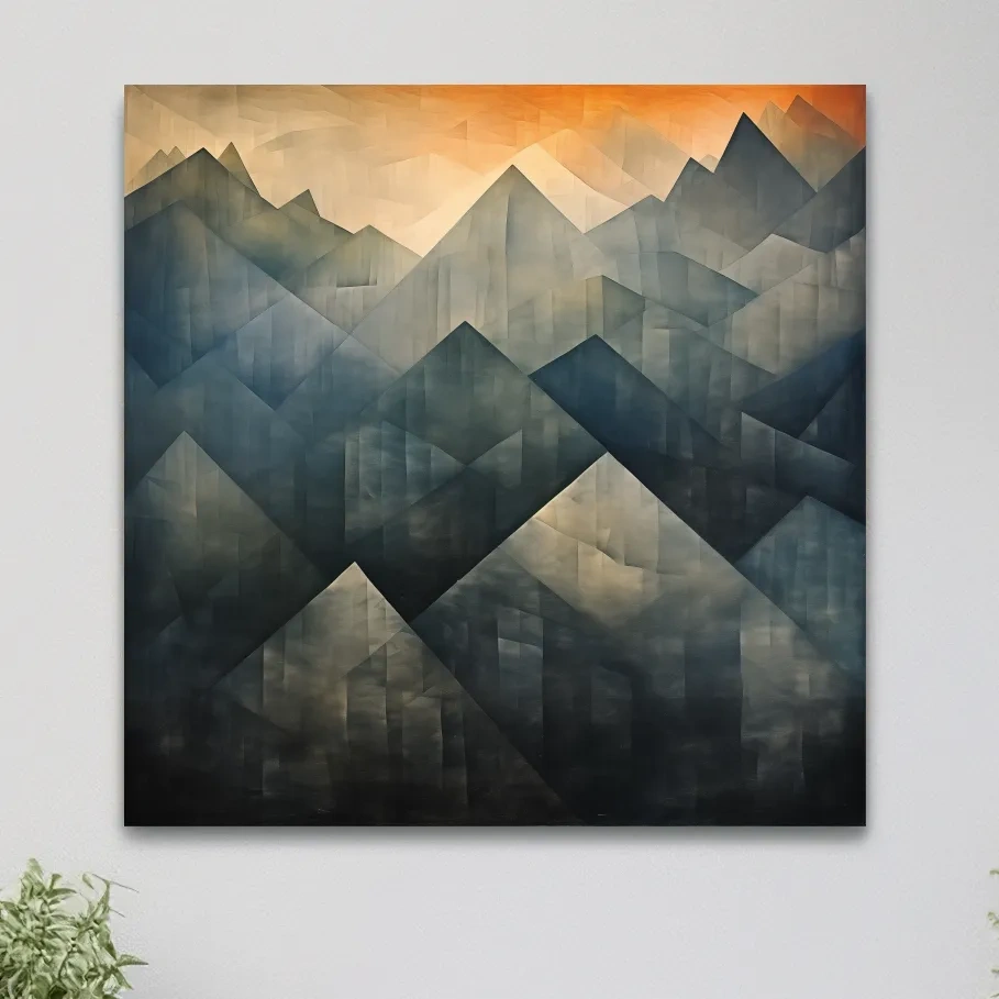 Abstract geometric mountain wall art, gradient shades with warm sunset sky