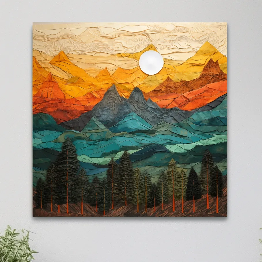 Layered Paper Cut Style Mountain Sunset - Colorful Abstract Forest Landscape Wall Art