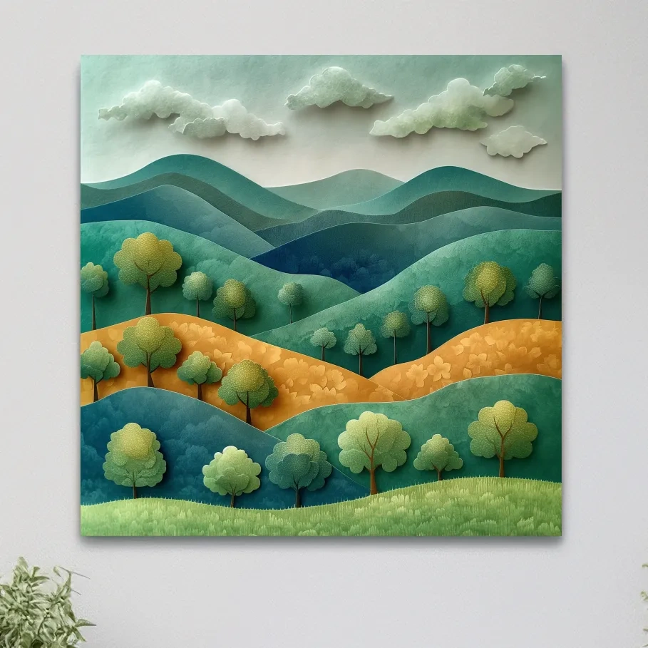 Whimsical Paper Cut Forest Hillscape - Layered 3D Mountains Landscape Wall Art