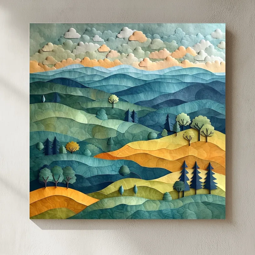 Layered Paper Cut Mountain Landscape - Mixed Media Forest Wall Art