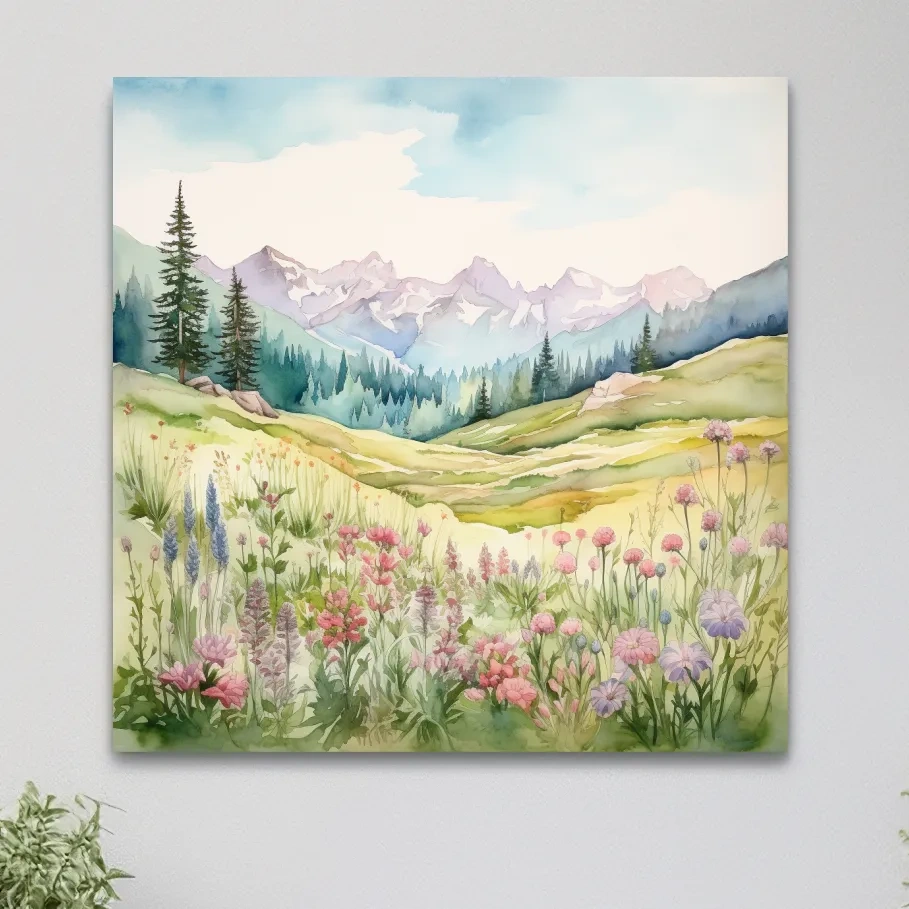 Alpine Meadows Wildflower Watercolour - Pastel Mountains Landscape Wall Art