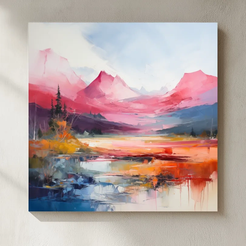 Vibrant Abstract Impressionist Alpine Lake Sunset Painting - Colorful Mountain Wall Art
