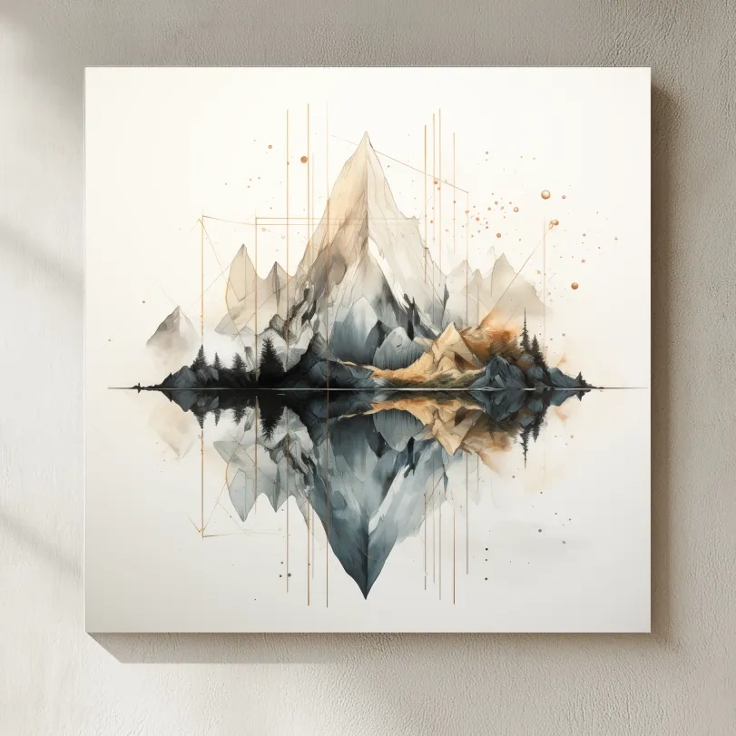 Geometric Watercolor Mountain Reflection Landscape - Modern Minimalist Wall Art