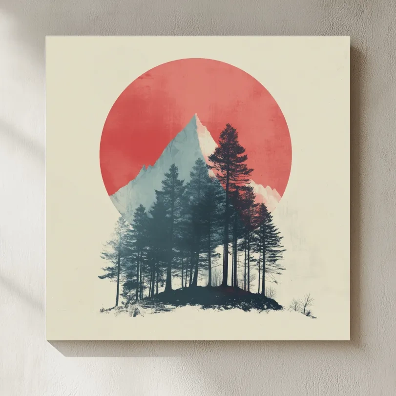 Minimalist Mountain Peak Pine Forest - Scandinavian Sunset Landscape Wall Art