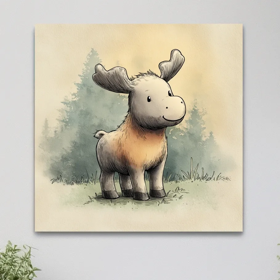Cute Baby Moose Watercolor Illustration - Woodland Nursery Animal Wall Art