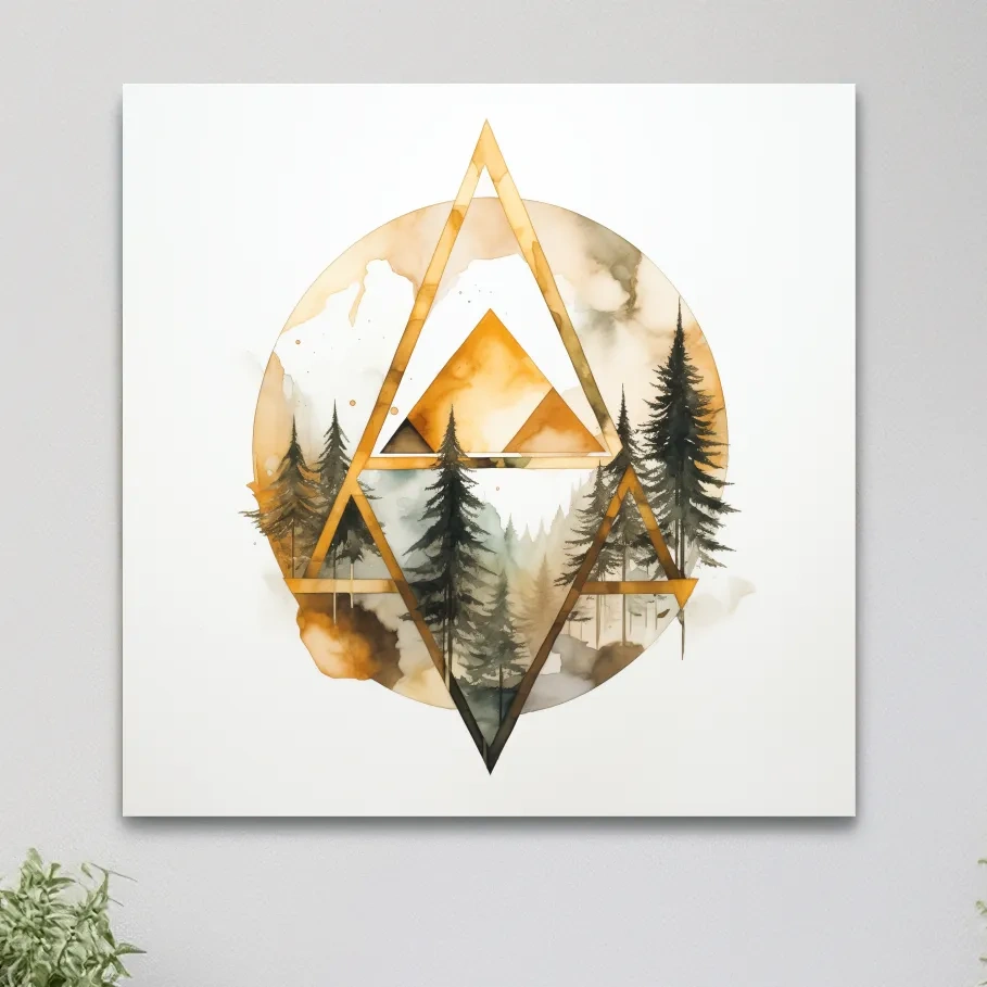 Rustic Elegant Watercolor Mountain Pine Forest - Abstract Golden Geometric Nature Wall Art