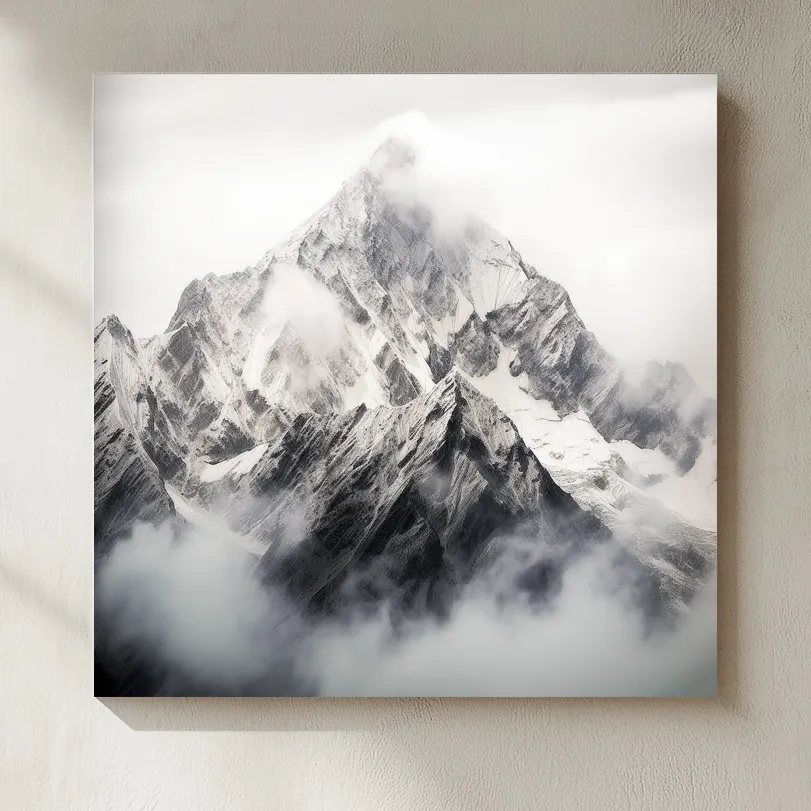 Snowcapped Alpine Peak Photography - Monochrome Mountain Wall Art