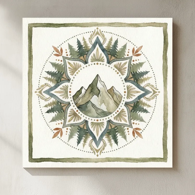 Mountain Mandala Watercolor - Boho Botanical Nature Wall Art