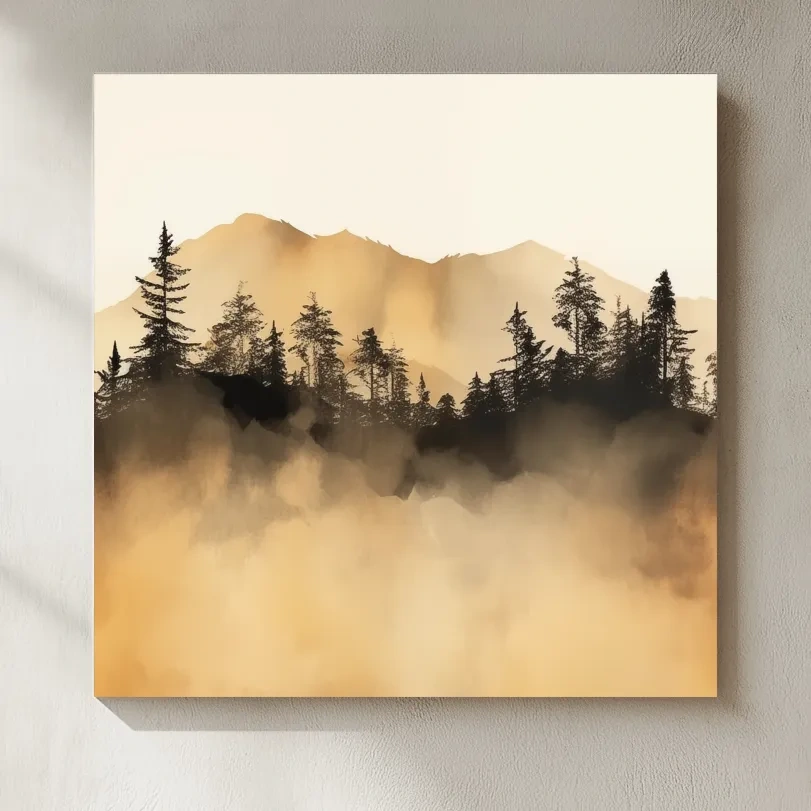 Misty Golden Mountain Pine Forest - Sepia Watercolor Landscape Wall Art