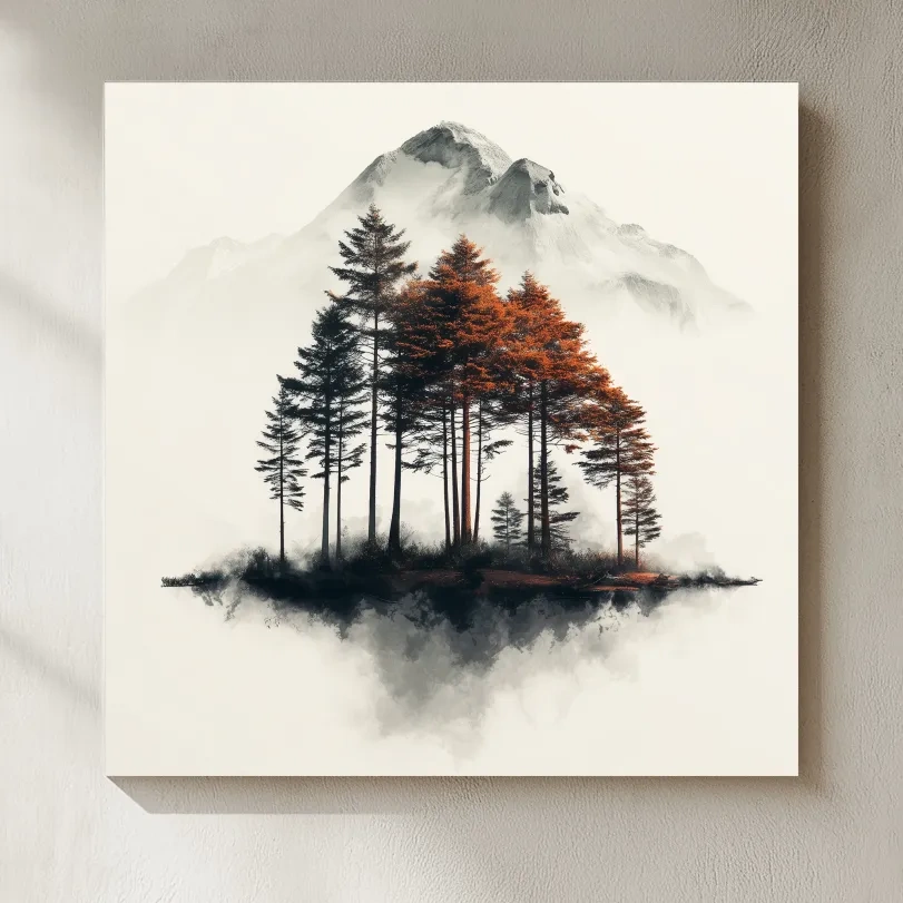 Misty Mountain Pine Forest Watercolor - Autumn Landscape Wall Art