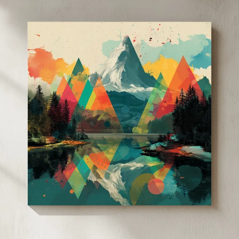 Vibrant Abstract Mountain Lake Collage Art - Colorful Alpine Wall Art